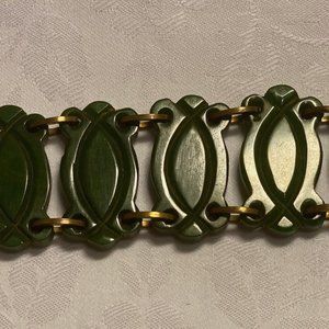 Rare Art Deco 1930's Marbled Green Carved Bakelite and Brass Bracelet